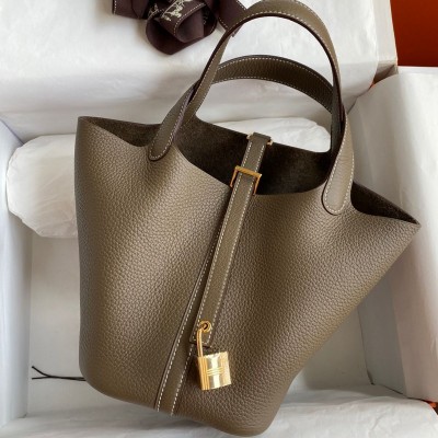 Hermes Picotin Lock 18 Handmade Bag in Taupe Clemence Leather HSBS61994