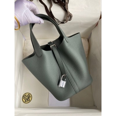 Hermes Picotin Lock 18 Handmade Bag in Vert Amande Clemence Leather