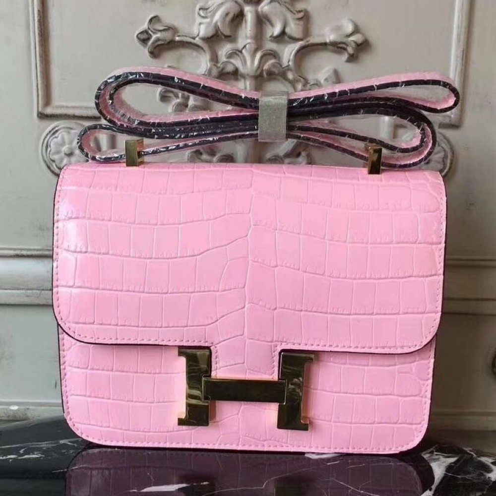 Hermes Pink Constance MM 24cm Crocodile Bag