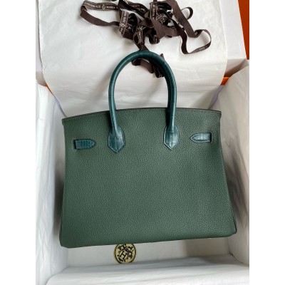 Hermes Touch Birkin 30 Bag in Green Clemence and Matte Alligator Leather