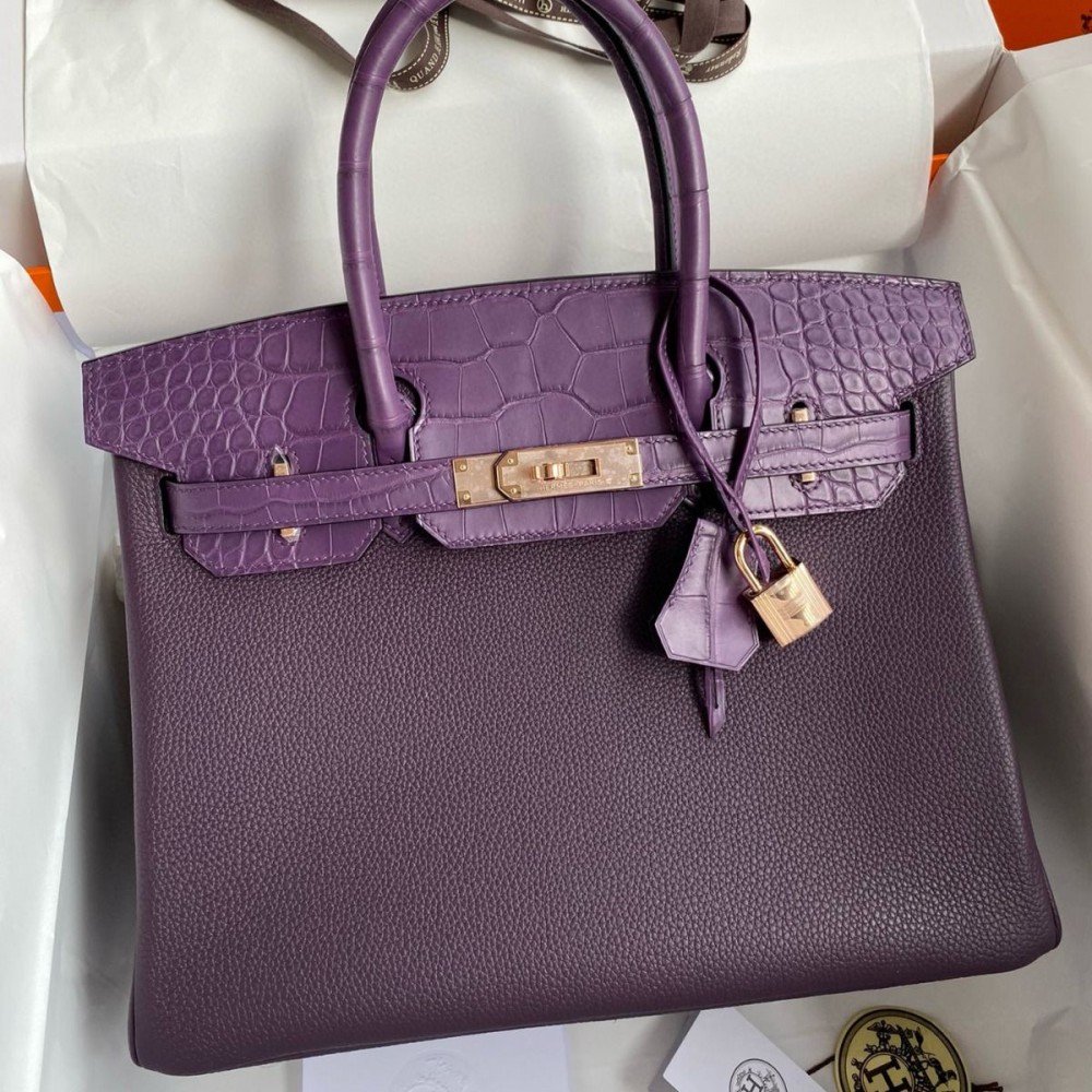 Hermes Touch Birkin 30 Bag in Raisin Clemence and Matte Alligator Leather