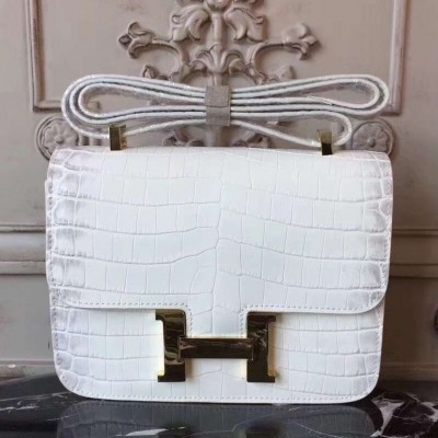 Hermes White Constance MM 24cm Crocodile Bag HSBS62170